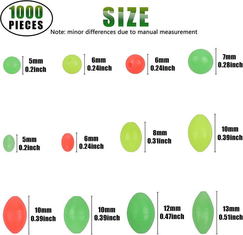 OROOTL Fishing Beads Saltwater Freshwater, 1000pcs Glow Fish Beads Soft Rubber Fishing Line Bead Oval Round Luminous Bait Eggs for Rigs Steelhead Trout Bass Salmon Lure Making - Image 2